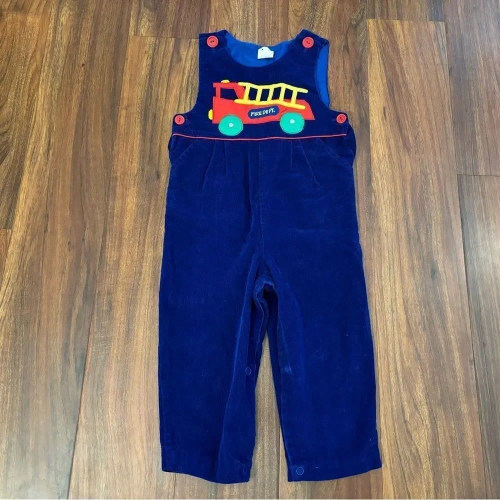 Vintage Fire Department Fire Truck royal blue lightweight corduroy overalls